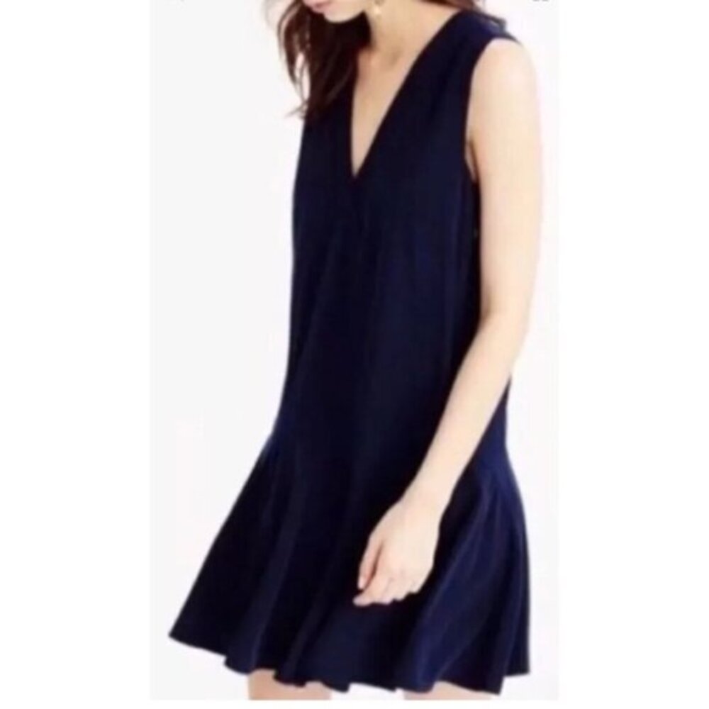 J. Crew Sleeveless V-Neck Drop Waist Flounce Dress C7059 Sz M Navy Blue